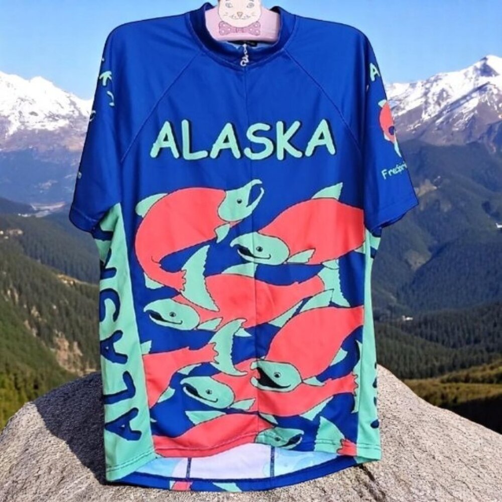 Free Spirit Champion System Cycling Jersey Alaska Salmon Kathy Sarns 3 pockets M